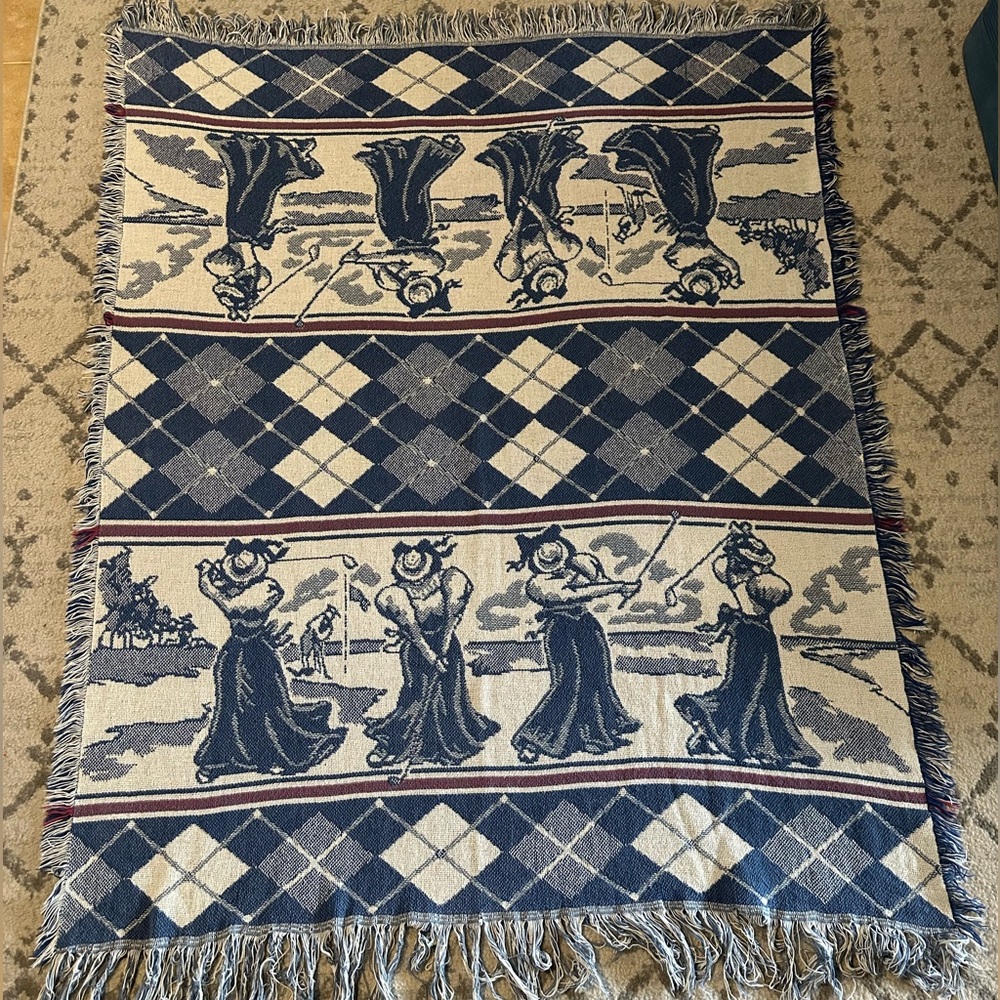 Vintage Argyle Fringe Blue, Pink, and White Golf Themed Throw Blanket 48”x68”